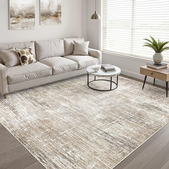 LOONGRUG 9x12 Area Rug Washable Neutral Modern Living Room Rug Dark Brown | Abstract Soft Stain Resistant Indoor Non-Slip Carpet for Bedroom Nursery Kids Office Playroom Dining Room
