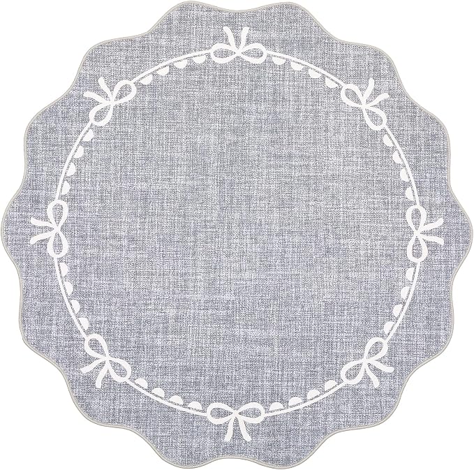GarveeHome 5ft Round Rugs Washable Scalloped Bow Rug for Bedroom, Grey | Non Slip Soft Low Pile Ultra-Thin Stain Resistant Indoor Carpet for Living Room Nursery Girls Dorm Decor Kids Room Playroom