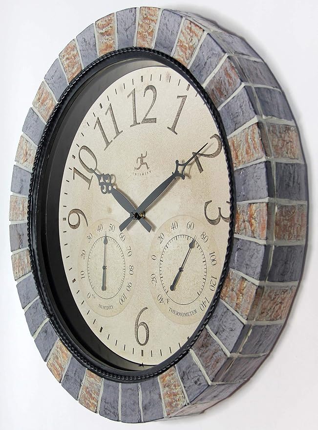 Infinity Instruments Inca II 18 inch Outdoor Clock Thermometer Combo Patio Waterproof Large Wall Weather Station Weatherproof Designer Faux Stone Mosaic Decorative Outdoor Wall Clock