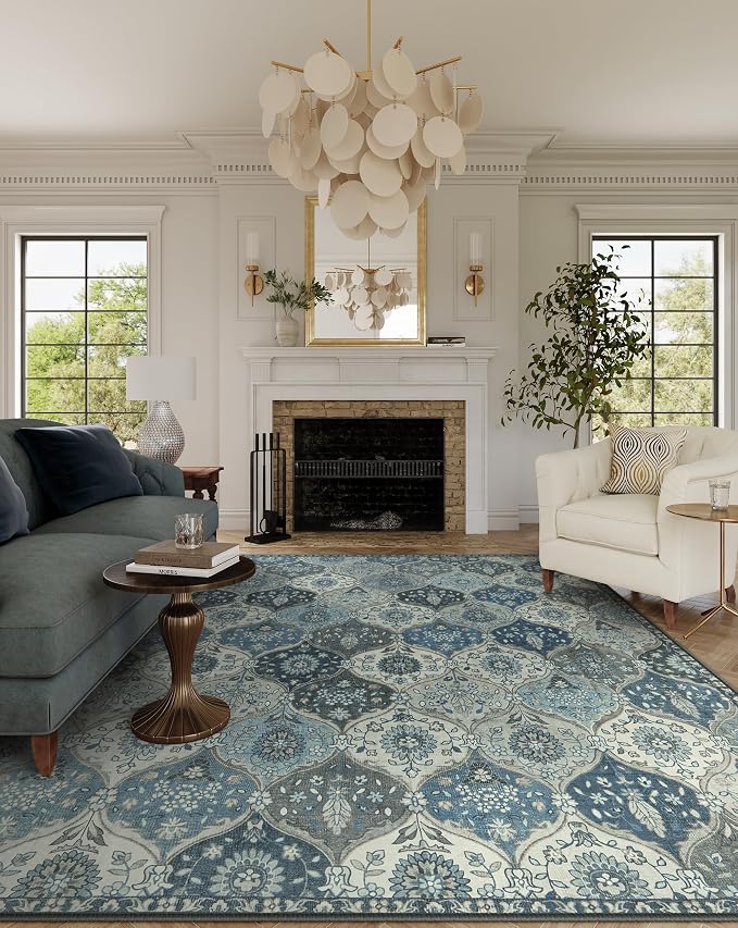 Lahome Moroccan Washable Rugs 9x12, Soft 9x12 Area Rug for Living Room | Bedroom Trellis Ultra-Thin Non-Slip Non Shedding Distressed Throw Large Carpet for Dining Room Office Elise, Blue