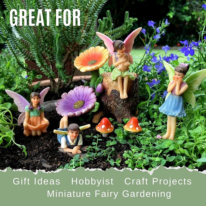 PRETMANNS Fairies for Fairy Garden Accessories for Outdoor - 4 Figurines Miniature Set with a Flower Stump, 2 Mushrooms - Ideal for an Indoor Miniature Fairy Garden Starter Kit - 7 Piece Supplies