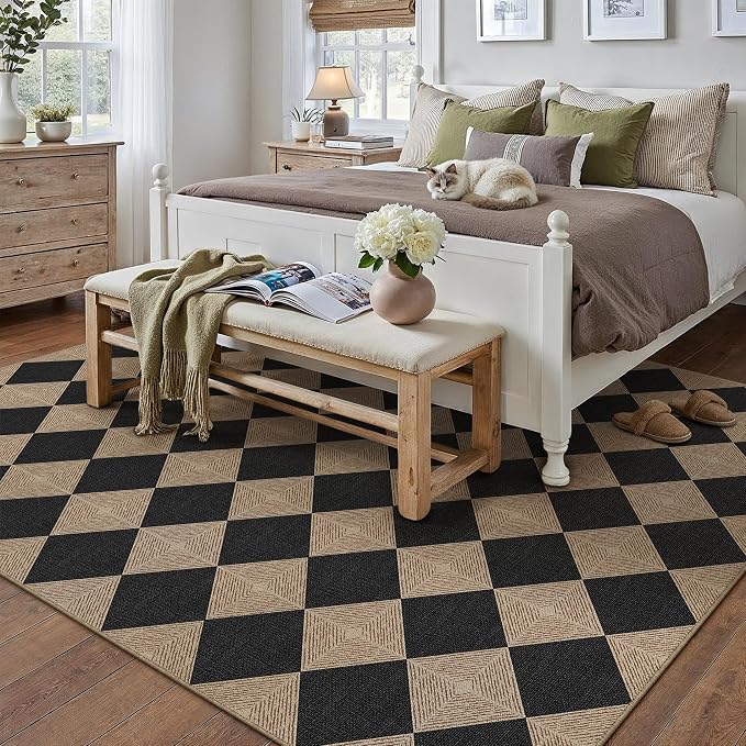 PureCozy 5x7 Checkered Easy Jute Area Rug for Living Room Checkerboard Washable Indoor Outdoor Carpet Farmhouse Patio Office Mat Textured Diamond Non Slip Black Carpet for Backyard Dining Room