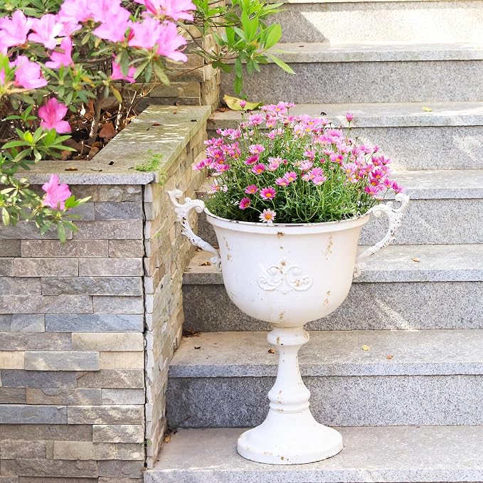 Worth Garden 21" H. Metal Urn Planters 2-Pack - White Classic Antique Iron Plant Pots - Decorative Rustic Flower Pots for Outdoor Use - Traditional Urn Planter for Garden, Patio, Front Porch