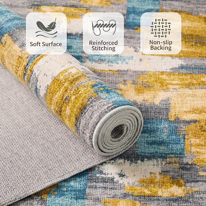 8x10 Blue and Gold Abstract Brushstroke Area Rug for Living Room | Soft Low-Pile Machine-Washable Rug with Non-Slip Backing for Bedrooms, Dining Rooms and Home Offices, Designed for Easy Care