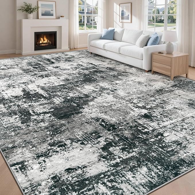 9x12 Area Rugs Washable Rug: Abstract Neutral Rugs Modern Non Slip Area Rug Stain Resistant Low Pile Indoor Carpet for Dining Room Bedroom Nursery Office (Black Grey, 9'x12')