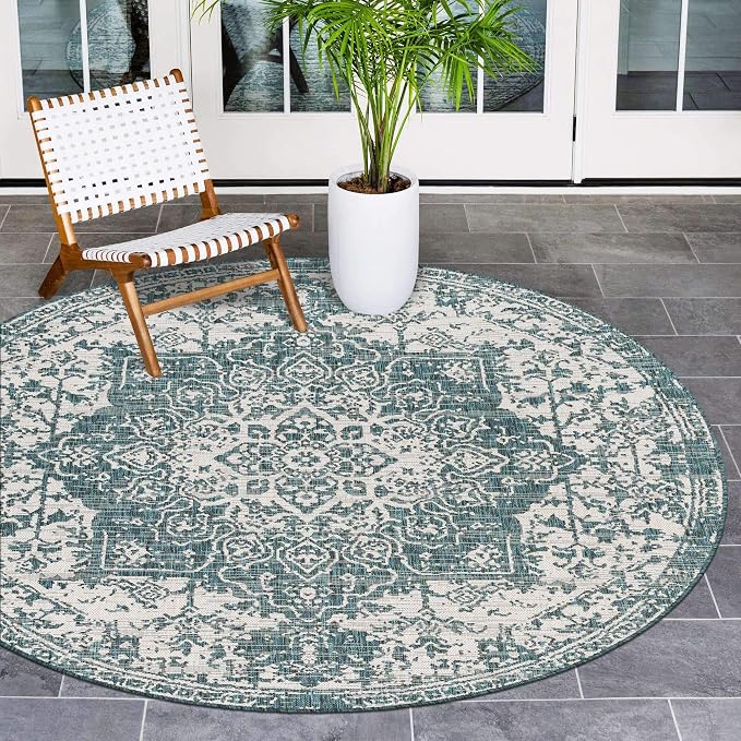 Unique Loom Outdoor Collection Area Rug - Dubai (4' 1' Round, Teal/ Ivory)
