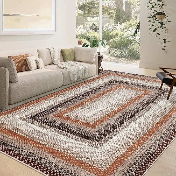RUGSREAL 9x12 Braided Rug Washable Non Slip Living Room Bedroom Area Rugs | Modern Braid Printed Large Dining Room Rug with Rubber Backing Farmhouse Accent Carpet for Home Decor Office, Brown/Rust