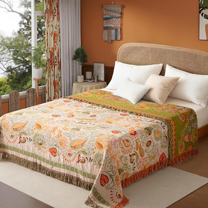 Phuryllic Boho Throw Blanket Queen Size, Oversized Soft Cozy Cotton Muslin Quilt Blanket for Bed Decor, Floral Patterned Couch Sofa Chair Cover, Vintage Farmhouse Cottage Woven Blanket, Coral&Green