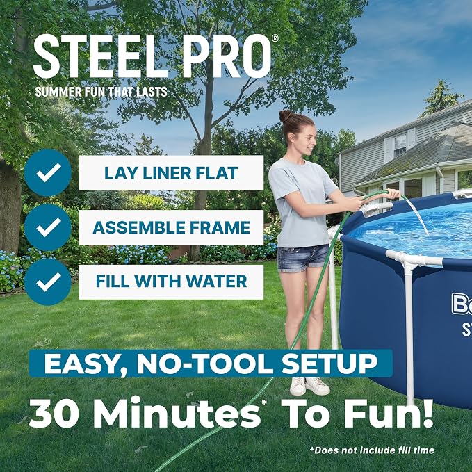 Bestway Steel Pro 10' x 30" Above Ground Swimming Pool Set with Pump | Durable Round Metal Frame Outdoor Backyard Pool, Puncture-Resistant Liner - Type I Filter Cartridge Included, Blue