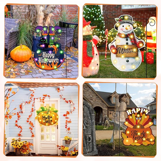 Reallnaive 12 Pcs Solar Seasonal LED Garden Flags 12 x 18 Inch Yard Flags 4th of July Summer Fall Halloween Thanksgiving Day Decorations Welcome Garden Flag Lawn Yard Outdoor Holiday Decoration