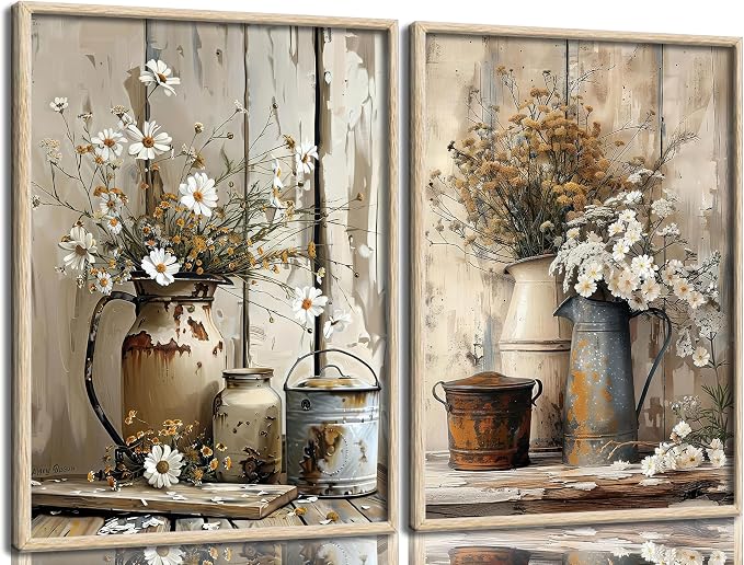 Rustic Farmhouse Daisy Canvas Wall Art Vintage Country Floral Posters Print Flower Still Life Botanical Pictures Painting White Jasmine Flowers And Rust Color Watering Can Wall Decor Unramed