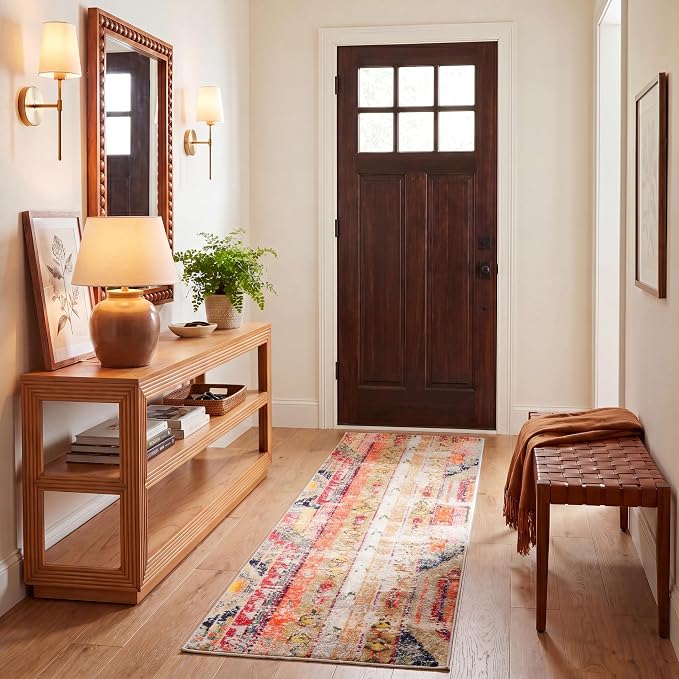 SAFAVIEH Madison Collection Runner Rug - 2'2" x 20', Grey & Orange, Boho Chic Tribal Distressed Design, Non-Shedding & Easy Care, Ideal for High Traffic Areas in Living Room, Bedroom (MAD422G)