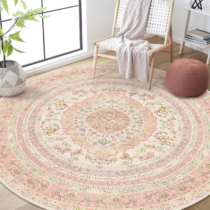 Round Area Rugs 6ft Washable,Pink Rug for Living Room Bedroom | Circle Boho Vintage Bohemian Distressed Farmhouse Carpet Non Slip for Dining Room,Blush Floral