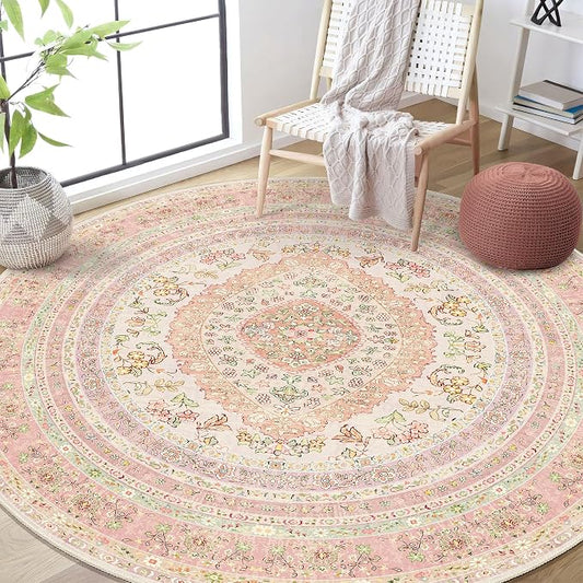 Round Area Rugs 6ft Washable,Pink Rug for Living Room Bedroom | Circle Boho Vintage Bohemian Distressed Farmhouse Carpet Non Slip for Dining Room,Blush Floral