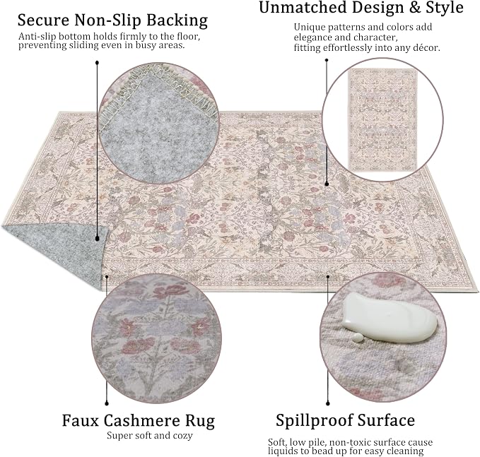 5x7 Washable Rug Vintage Floral Beige Area Rug Non Slip Low Pile Large Rugs for Living Room, Bedroom, Farmhouse, Dining Room, Kids Playroom
