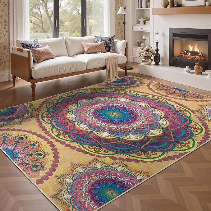 Arenarug Meditation Indoor Outdoor Rug 8x10 ft Mandala Pattern Rug Boho Style,Yoga Meditation Mat Picnic Rug for Patio Living Room Porch Garden Deck Backyard Easy to Clean Non Shedding Non-Slip