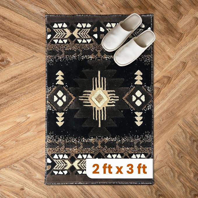 YHSF Southwest Native American Area Rug – Thick, Soft, Durable & Easy to Maintenance Tribal Design Boho Rug– Ideal for Bedroom, Living Room & Hallway - Black, 2 Feet x 3 Feet 4 Inches