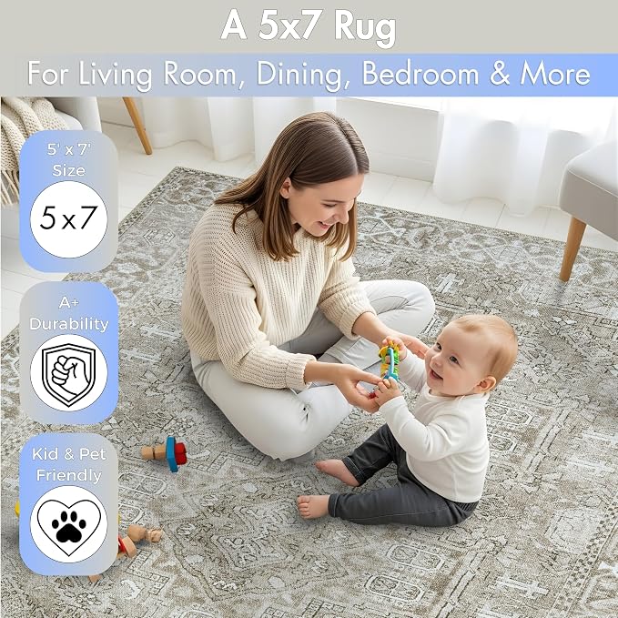 Sacred Artisans Farmhouse 5x7 Area Rug for Living Room, Dining Room and Office | Washable, Non Slip, Pet Friendly and Low Pile (Stone, 5' x 7')