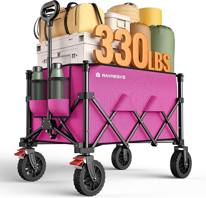 Wagons Carts Foldable, Collapsible Foldable Wagon 330lbs Capacity, Large Capacity Wagon Cart with All-Terrain Wheels,Heavy Duty Utility Wagons Cart with Brakes for Camping Shopping Sports, Pink