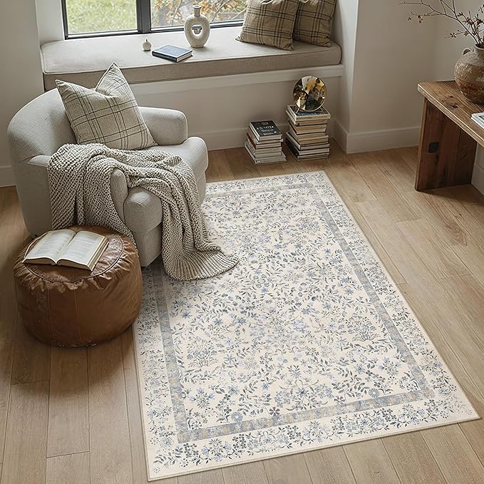 3x5 Blue Floral Small Area Rug Vintage Farmhouse Style | Washable, Non Slip, Soft Low Pile, Indoor Carpet for Entryway, Kitchen, Bedroom, Bathroom, Nursery, Botanical Decor