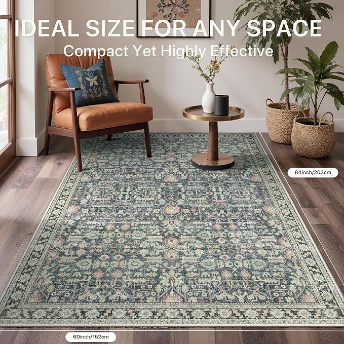 2x10 Kitchen Runner Rug, Washable Non Slip, Green/Blue | Vintage Floral Design, Spill Resistant Lightweight Low Pile Carpet for Hallway, Bedroom, Laundry Room, Bathroom