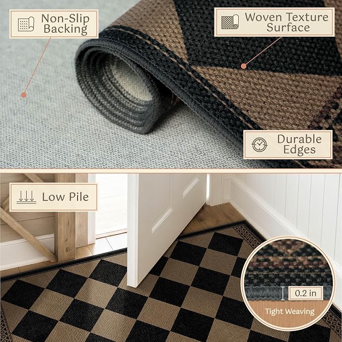 Boho Checkered Easy Jute Indoor Outdoor Rugs for Dining Room Living Room Patio 5x7, Non Skid Washable Checkered Outdoor Rug, Farmhouse Geometric Carpet for Bedroom, Backyard, Brown Diamond Décor