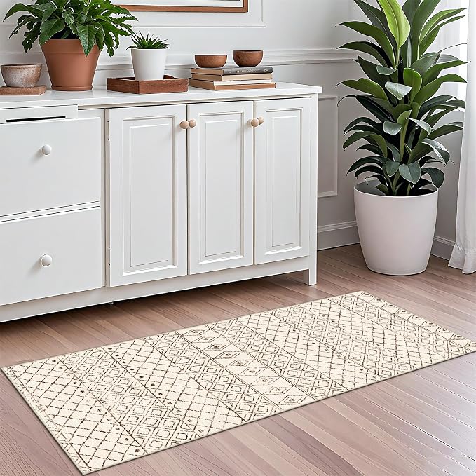 2x5 Rug Runner Boho Geometric: Washable Hallway Moroccan Runners Beige | Non Slip Low Pile Soft Pets Friendly Rugs for Kitchen Bathroom Bedroom Entryway Laundry