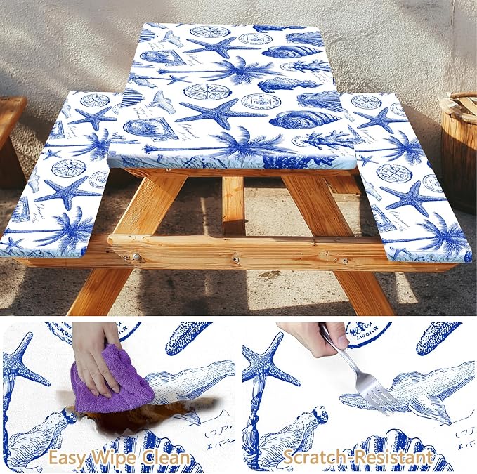 Picnic Table Cover with Bench Covers Elastic Edges, Outdoor Patio Camping Essentials 72 Inch 3PCS, Waterproof Camping Fitted Tablecloth with Handbags (Vintage ocean theme)