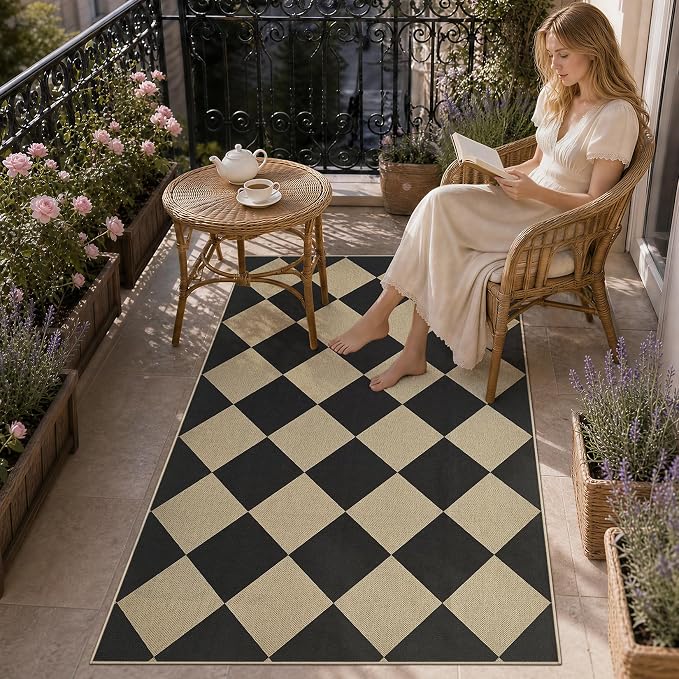UERMEI 3x5 Outdoor Jute Area Rug Patio Farmhouse Black Brown | Indoor Outdoor Washable Non Slip Pet Friendly Carpet for Door Mat Area Rug for Patio Bedroom Living Room Kitchen Porch