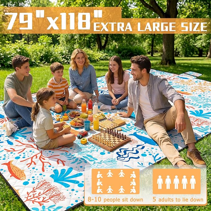 79" x 118" Picnic Blanket Extra Large,Waterproof Sandproof Foldable Outdoor Blanket Beach Blanket Ocean Picnic Mat for Camping,Lawn,Park(Coral)