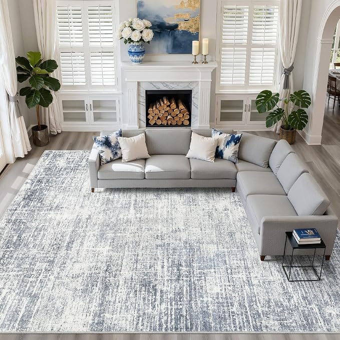 LOONGRUG 10x14 Area Rugs Washable Neutral Modern Rug for Living Room Blue | Large Abstract Soft Stain Resistant Indoor Non-Slip Carpet for Bedroom Nursery Kids Office Playroom Dining Room