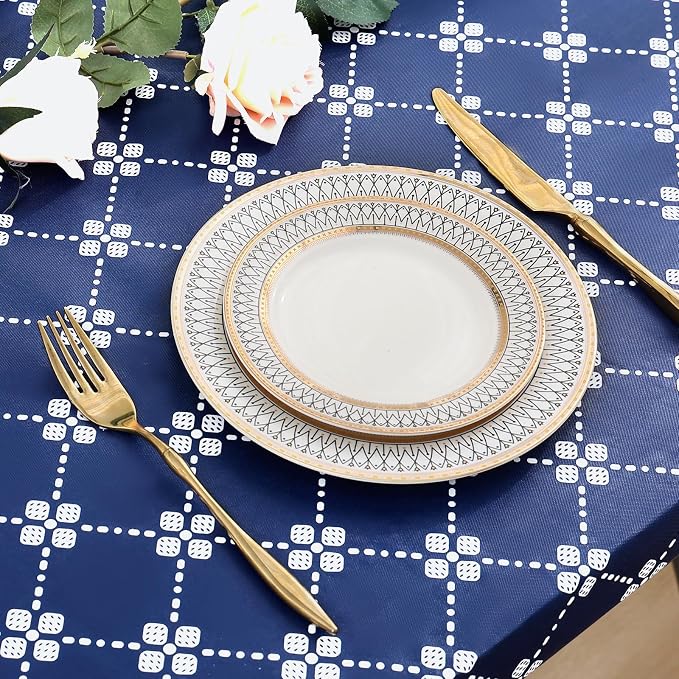 misaya Square Vinyl Table Cloth, Elastic Fitted Tablecloth with Flannel Backing, Waterproof Plastic Table Cover Fits Folding Tables for Picnic, Camping, Indoor and Outdoor (Navy, 34" x 34")