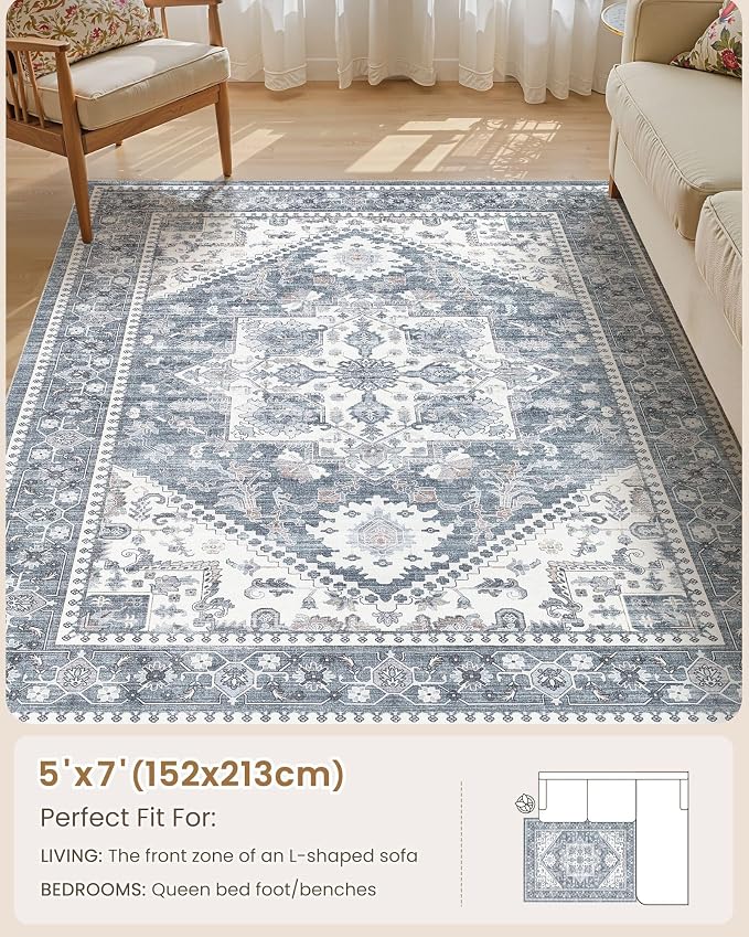 Washable Area Rug-5X7 Vintage Neutral Soft Blue | Non Slip Thin Foldable Large Floor Carpet for Living Room Bedroom Kitchen Dining Room Home Office Farmhouse Indoor