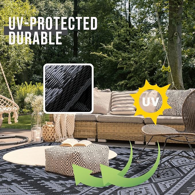 OLANLY Outdoor Rug Waterproof 8x10 ft, Reversible Outdoor Plastic Straw Rug, Boho Patio Rug, Indoor Outdoor Carpet, RV Mat Outside for Patio, Camp, Picnic, Balcony, Deck, Backyard, Black & Grey