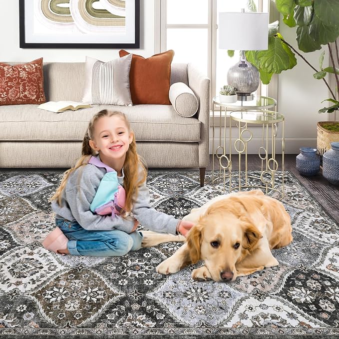 ROYHOME Washable Area Rug Moroccan Trellis Distressed Area Rugs, 3' x 5' | Stain Resistant Non-Slip Floor Carpet Vintage Medallion Accent Rug Farmhouse Floor Cover for Dining Room Bedroom, Grey/Taupe