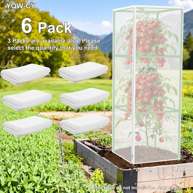 Garden Bird Netting Cover for Square Plant Cage, Plant Cover 59" x 17.7" Insect Tomato Cage Net with Zipper and Drawstring, Tomato Trellis Netting Protection Cover for Protecting Plant (6 Pack)