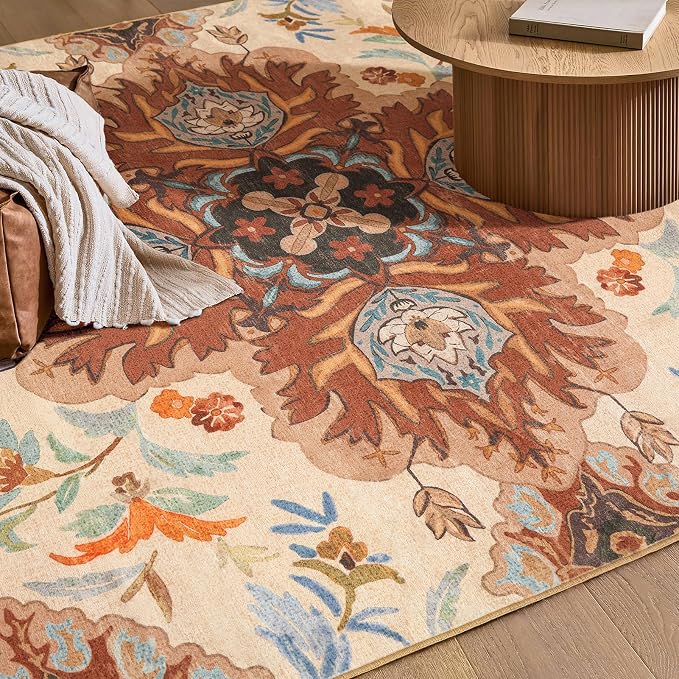 Phantoscope Washable Area Rug 5'x7' Non-Slip, Vintage Boho Rugs for Living Room, Bedroom, Dining Room, Fall Orange Floral Medallion Pattern, Low-Pile Foldable Floor Carpet, Rust/Multi Floral