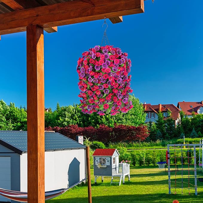 INXUGAO Artificial Flowers with Hanging Basket, Outdoor Faux Plants Silk Morning Glory Vines, Fake Green Arrangement for Garden Patio Spring Summer Decor(4pcs,Hot Pink Purple)
