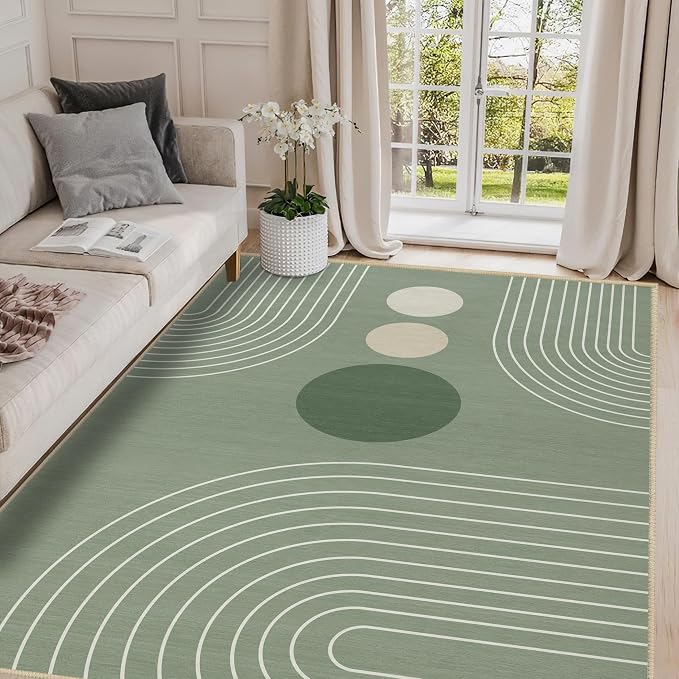 Boho Rug 4x6 Modern Geometric Minimalist Abstract Area Rug for Living Room Sage Green Mid Century Modern Contemporary Machine Washable Non-Slip Printed Low-Pile Carpet Dining Room Bedroom Office