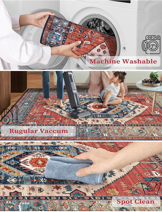 SERISSA 2'6"x16' Washable Non Slip Boho Runner Rug for Hallway，Rust | Ultra Soft Vintage Oriental Carpet Low-Pile Extra Long Tribal Floor Carpet for Kitchen Bedroom Entryway Bathroom Laundry Room