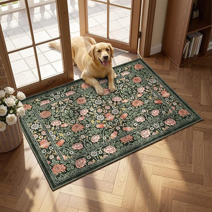 GarveeHome Dark Green Floral Washable 2x3 Rug for Entryway Small Door Mat | Kitchen Bathroom Girls Bedroom Dorm Rug Vintage Boho Rugs Low-Pile Non-Slip Stain Resistant TPE Backing