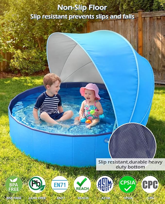 Jasonwell Kiddie Baby Pool with Canopy - Foldable Infant Toddler Kids Pool with Shade Baby Beach Essentials Tent Swimming Wading Pools for Toddlers 1-3 + Kids Dogs Ball Pit Backyard Water Play B, 63"