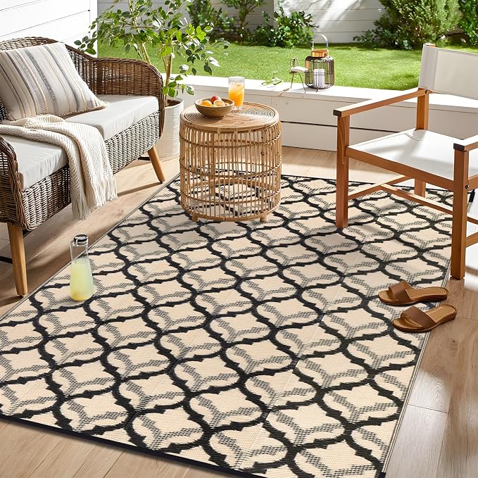 OLANLY Reversible Outdoor Rug 9x12 ft Clearance, Waterproof Outdoor Plastic Straw Rug with Interlacing Pattern, RV Mat for Patio, Camping, Balcony, Deck, Backyard, Black & Beige