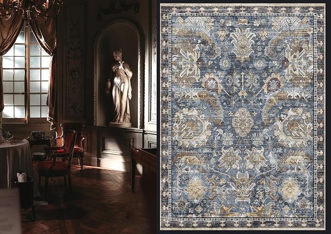Washable Area Rugs - Perfect for Living Room, Bedroom, Kids Room, Nursery - Stain & Water Resistant Non-Slip, Pet & Child Friendly, Vintage Tribal Area Rugs (Navy, 3' x 5 ')
