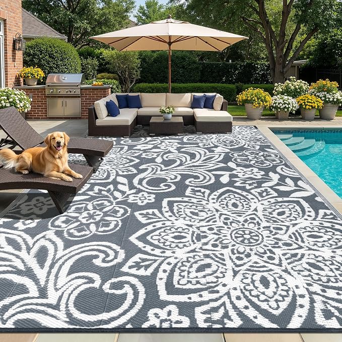 Findosom Waterproof Outdoor Rug 9' x 12' - Reversible Mandala Outdoor Plastic Straw Rug, Durable Foldable Patio Rug for RV, Deck, Balcony, Backyard, Picnic, Porch, Camping, Beach, Gray