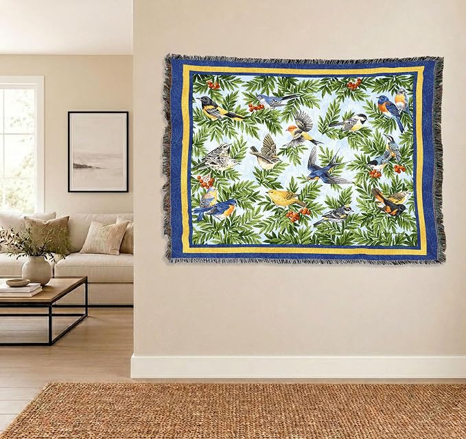Pure Country Weavers Songbirds Blanket by Elena Vladykina - Bird Garden Floral Gift Tapestry Throw Woven from Cotton - Made in the USA (72x54)