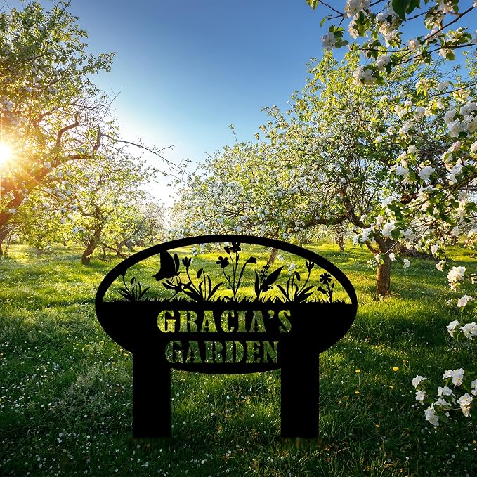 Personalized Metal Garden Sign, Custom Flower Sign with Stakes, Garden Decor for Outside, Garden Family Name Sign, Outdoor Steel Yard Sign, Large Patio Garden Sign Art, Housewarming Gift