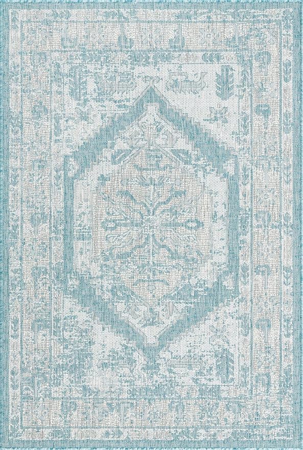 Unique Loom Outdoor Traditional Collection Area Rug - Valeria (4' 1" x 6' 1" Rectangle, Aqua/ Ivory)