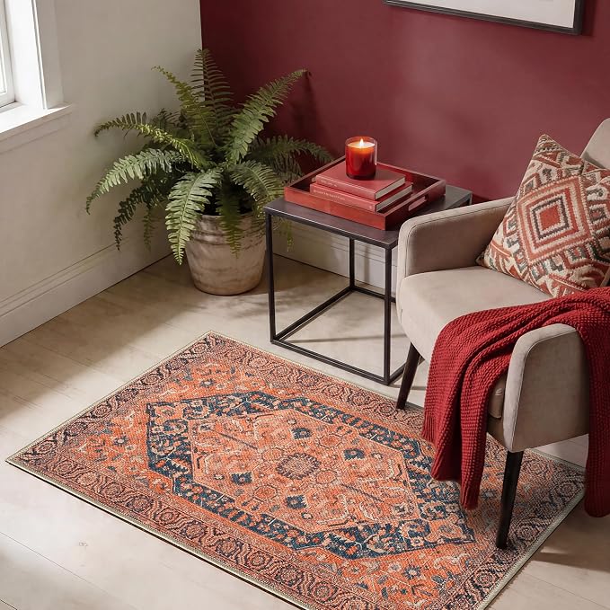 Keen Home Design Vintage Washable Entryway Rug, Non-Slip Low Pile, 2x3 | Machine Washable Cotton Chenille, 0.25In Low Pile, Rubber Non-Slip Back; Kitchen, Entryway, Bathroom, Bedside