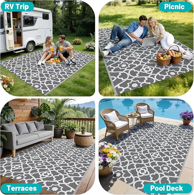 HEBE Outdoor Rug Waterproof 5x8, Plastic Straw Rug Camping Rug, Reversible Outdoor Patio Rugs RV Mat Clearance, Indoor Outside Floor Carpet for Porch,Deck,Camper,Balcony,Backyard